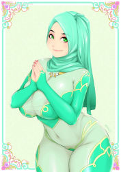 Rule 34 | areola slip, breasts, green eyes, hand on own chest, highres, hijab, jewelry, large breasts, nigaw, original, own hands together, skin tight, smile, solo, thick thighs, thighs