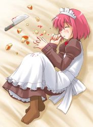 Rule 34 | 00s, 1girl, accident, apple, apron, blood, blood on face, blood on clothes, blood on hands, cuts, food, fruit, hisui (tsukihime), holding, holding food, holding fruit, injury, knife, maid, maid apron, red hair, short hair, sleeping, solo, tsukihime