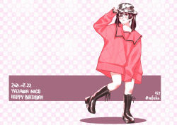 Rule 34 | 1girl, absurdres, adjusting clothes, adjusting headwear, artist name, artist request, bare legs, black footwear, black hair, black nail polish, black nails, blush, boots, bow, breasts, collarbone, cross-laced footwear, female focus, flat chest, full body, hair between eyes, hair bow, hat, high heel boots, high heels, highres, jacket, long hair, looking at viewer, love live!, love live! school idol project, nail polish, nefielia, parted lips, pink jacket, red eyes, short hair, short twintails, small breasts, smile, solo, standing, standing on one leg, twintails, white hat, yazawa nico