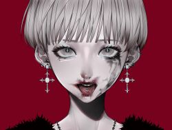 Rule 34 | 1girl, absurdres, cross-shaped pupils, ear piercing, earrings, grey eyes, grey hair, highres, jewelry, lipstick, looking at viewer, makeup, mano aaa, necklace, original, piercing, red background, runny makeup, short hair, simple background, smeared lipstick, solo, symbol-shaped pupils, tongue, tongue out, tongue piercing