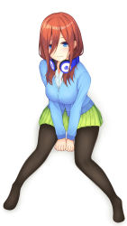 Rule 34 | 1girl, absurdres, between legs, black pantyhose, blue cardigan, blue eyes, breasts, cardigan, closed mouth, feet, full body, go-toubun no hanayome, goldred, green skirt, hair between eyes, hand between legs, headphones, headphones around neck, highres, large breasts, long hair, long sleeves, looking at viewer, looking up, nakano miku, no shoes, pantyhose, pleated skirt, school uniform, simple background, sitting, skirt, smile, solo, spread legs, white background