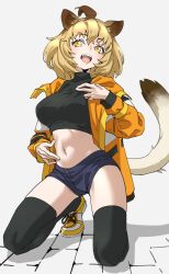 Rule 34 | 1girl, absurdres, ahoge, alternate costume, animal ear fluff, animal ears, black shorts, black thighhighs, blonde hair, breasts, brown hair, commentary, full body, grey background, hair between eyes, highres, jacket, kemono friends, lion (kemono friends), lion ears, lion girl, lion tail, looking at viewer, medium breasts, medium hair, midriff, multicolored hair, navel, open clothes, open jacket, open mouth, orange jacket, shoes, short shorts, shorts, simple background, sneakers, solo, tail, tanabe (fueisei), teeth, thighhighs, yellow eyes