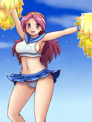 Rule 34 | 1girl, asamiya athena, ass, blush, breasts, cheerleader, open mouth, panties, pink eyes, pink hair, sky, smile, snk, the king of fighters, tsumitani daisuke, underwear