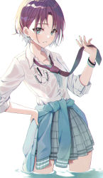 1girl, absurdres, aqua eyes, asakura tooru, bangs, blue cardigan, blue hair, blue nails, blush, cardigan, cardigan around waist, clothes around waist, collared shirt, earrings, eumi 114, gradient hair, grey skirt, hand on hip, highres, holding necktie, idolmaster, idolmaster shiny colors, jewelry, long sleeves, looking at viewer, miniskirt, multicolored hair, nail polish, necktie, parted bangs, parted lips, pleated skirt, purple hair, purple neckwear, see-through, shirt, short hair, simple background, skirt, smile, solo, wading, water, wet, wet clothes, wet shirt, white background, white shirt, wristband