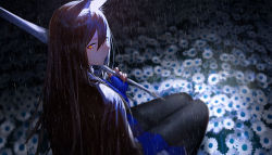 Rule 34 | absurdres, arknights, black hair, black pantyhose, blue gloves, blue shorts, closed mouth, fingerless gloves, floral background, flower, formal, ganet p, gloves, highres, holding, holding sword, holding weapon, long hair, looking at viewer, looking back, night, orange eyes, over shoulder, pantyhose, rain, sad, shorts, sitting, suit, sword, texas (arknights), texas the omertosa (arknights), weapon, weapon over shoulder, white flower