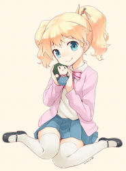 Rule 34 | 10s, 1girl, 2014, alice cartelet, blonde hair, blue eyes, blush, bow, bowtie, cardigan, character doll, dated, full body, hair ornament, holding, kin-iro mosaic, long sleeves, mary janes, nagian, oomiya shinobu, pleated skirt, school uniform, shirt, shoes, short hair, sitting, skirt, smile, solo, striped bow, striped bowtie, striped clothes, striped neckwear, thighhighs, twintails, wariza, white thighhighs