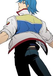 Rule 34 | 1boy, absurdres, belt, blue hair, blue pants, blue shirt, bruno (yu-gi-oh!), from behind, high collar, highres, jacket, leather belt, looking back, male focus, midriff peek, outstretched arms, pants, parted lips, pocket, purple eyes, running, shirt, short hair, simple background, sleeves rolled up, solo, standing, tools, utility vest, white background, white jacket, wrench, youko-shima, yu-gi-oh!, yu-gi-oh! 5d&#039;s