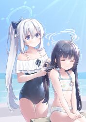 Rule 34 | 2girls, adjusting another&#039;s hair, bare arms, bare legs, bare shoulders, bikini, black hair, blue archive, blue halo, blue sweater, blush, closed eyes, closed mouth, covered navel, frilled one-piece swimsuit, frills, grey hair, hair between eyes, halo, highres, long hair, miyako (blue archive), miyako (swimsuit) (blue archive), miyu (blue archive), miyu (swimsuit) (blue archive), multiple girls, official alternate costume, one-piece swimsuit, ponytail, purple eyes, smile, sweater, swimsuit, uchino maiko, white bikini