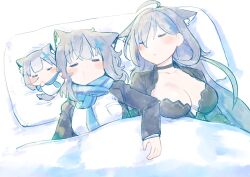 Rule 34 | 3girls, ahoge, animal ear fluff, animal ears, black choker, black dress, blanket, blue archive, blue scarf, blush, breasts, cat girl, chibi, choker, cleavage, closed eyes, closed mouth, cross, cross hair ornament, dress, extra ears, grey hair, hair between eyes, hair ornament, highres, inverted cross, large breasts, long hair, lying, medium breasts, medium hair, multiple girls, multiple persona, nose bubble, open mouth, pillow, scarf, shiroko (blue archive), shiroko terror (blue archive), shirt, simple background, sleeping, under covers, urode, white background, wolf ears