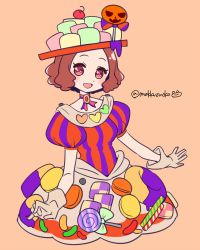 Rule 34 | 10s, 1girl, :d, alternate costume, blush, brown eyes, brown hair, candy, candy cane, cherry, choker, commentary request, do m kaeru, food, food-themed clothes, fruit, heart, jack-o&#039;-lantern, lollipop, okumura haru, open mouth, persona, persona 5, persona 5: dancing star night, persona dancing, short hair, skirt, smile, solo, twitter username