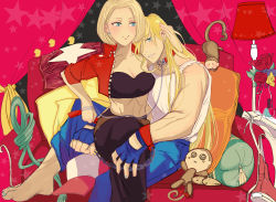 Rule 34 | 1boy, 1girl, animal, bad id, bad pixiv id, barefoot, black skirt, blonde hair, blue eyes, blue gloves, blue pants, blush, breasts, chain, cleavage, collar, collarbone, couch, couple, crop top, cuffs, animal collar, earrings, fatal fury, femdom, fingerless gloves, fingernails, gloves, hair down, handcuffs, hetero, holding, jacket, jewelry, leash, long hair, long skirt, looking at viewer, mary ryan, medium breasts, midriff, monkey, muscular, nail polish, open clothes, open jacket, pants, parted lips, pillow, red jacket, rope, shirt, short sleeves, sitting, skirt, sleeveless, sleeveless shirt, stuffed animal, stuffed monkey, stuffed toy, terry bogard, the king of fighters, toenail polish, toenails, ukkii (snk), white shirt
