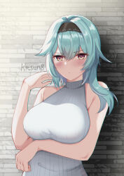 Rule 34 | 1girl, absurdres, bare arms, bare shoulders, black hairband, blue hair, blush, breasts, brown eyes, commentary, eula (genshin impact), genshin impact, grey sweater, hairband, hand up, highres, kitsun8, large breasts, long hair, looking at viewer, ribbed sweater, sleeveless, sleeveless turtleneck, solo, sweater, turtleneck, upper body