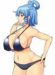 Rule 34 | 1girl, bikini, blue eyes, blue hair, blush, breasts, chin (motio7201), come hither, curvy, drill hair, female focus, finger to mouth, hair rings, huge breasts, kaku seiga, large breasts, lips, looking at viewer, matching hair/eyes, nail polish, navel, panties, panty pull, short hair, simple background, solo, strap gap, swimsuit, touhou, underwear