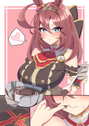 Rule 34 | :p, ahoge, animal ears, blue eyes, blush, bowl, breasts, brown hair, chocolate, gift, hair between eyes, headband, heart, high collar, horse ears, horse girl, large breasts, mihono bourbon (code:glassage) (umamusume), mihono bourbon (umamusume), nanao (naoekaki25), official alternate costume, outside border, simple background, smile, spoken heart, tongue, tongue out, umamusume