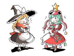 Rule 34 | 2girls, apron, bauble, black headwear, black jacket, black skirt, bomb item (touhou), bow, candy, candy cane, christmas ornaments, christmas tree costume, commission, dress, food, green hair, hat, highres, jacket, kagiyama hina, kirisame marisa, mittens, multiple girls, oysterfried, power item (touhou), red dress, red mittens, red scarf, scarf, skirt, smile, star (symbol), touhou, white apron, white bow, witch hat