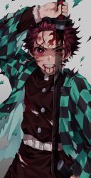 Rule 34 | 1boy, black pants, blood, blood from mouth, blood on face, bright pupils, bruise, bruise on face, clenched teeth, commentary request, earrings, fighting stance, ha youn, haori, highres, holding, holding sword, holding weapon, injury, japanese clothes, jewelry, kamado tanjirou, katana, kimetsu no yaiba, looking at viewer, male focus, pants, red eyes, red hair, simple background, solo, sword, teeth, torn clothes, weapon, white pupils