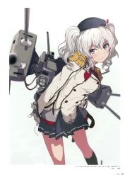 Rule 34 | 1girl, absurdres, black socks, blurry, cannon, closed mouth, depth of field, epaulettes, grey eyes, grey jacket, grey skirt, highres, jacket, kantai collection, kashima (kancolle), leaning to the side, looking at viewer, machinery, neckerchief, ogipote, pleated skirt, red neckerchief, scan, searchlight, silver hair, skirt, smile, socks, solo, standing, two side up