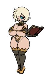 Rule 34 | 1girl, black lips, blonde hair, blue eyes, book, breasts squeezed together, breastless leotard, breasts, clothing cutout, concept art, cross-laced clothes, darkest dungeon, doll, elbow gloves, gloves, hair over one eye, heart cutout, high heels, highleg, highleg leotard, holding, holding book, large breasts, leotard, priestess, short hair, solo, standing, thick thighs, thighhighs, thighs, transparent background, vestal (darkest dungeon), xelsword