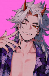 1boy arataki_itto artist_name black_nails chain chain_necklace collarbone collared_shirt colored_inner_hair commentary_request dated earrings eyeshadow fangs fingernails floral_print genshin_impact grey_hair grin hand_up hawaiian_shirt highres horns jewelry long_fingernails long_hair looking_at_viewer makeup male_focus multicolored_hair necklace necklace_pull ojo_aa one_eye_closed oni open_clothes open_shirt parted_bangs pink_background print_shirt purple_shirt red_eyes red_eyeshadow red_hair red_horns sharp_fingernails shirt signature simple_background smile solo teeth thick_eyebrows twitter_username upper_body watermark