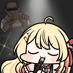 Rule 34 | 1boy, 1girl, ahoge, black background, blonde hair, card, censored, chibi, flute, fortissimo, hair ornament, hololive, hololive dev is, identity censor, instrument, jazz jack, long hair, lowres, meme, music, musical note, musical note hair ornament, otonose kanade, playing instrument, recorder, spotlight, virtual youtuber, you just activated my trap card, yu-gi-oh!