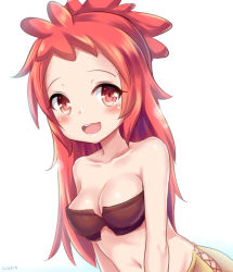 Rule 34 | 1girl, bare shoulders, blush, breasts, cleavage, collarbone, eyebrows, long hair, looking at viewer, made in abyss, medium breasts, milkshakework, mitty (made in abyss), mitty (made in abyss) (human), navel, open mouth, red eyes, red hair, smile, solo, tearing up, tears, upper body