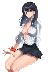 Rule 34 | 10s, 1girl, black hair, black skirt, blue eyes, breasts, collarbone, collared shirt, commentary request, cropped legs, gridman universe, highres, hotate-chan, long hair, long sleeves, looking at viewer, medium breasts, no bra, orange scrunchie, pleated skirt, school uniform, scrunchie, shirt, simple background, skirt, smile, solo, ssss.gridman, takarada rikka, thighs, unbuttoned, unbuttoned shirt, white shirt, wrist scrunchie