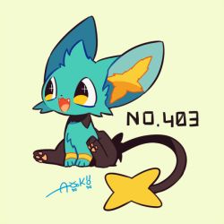 Rule 34 | :3, animal ears, animal hands, artist name, auko, creatures (company), english text, fangs, feet, full body, furry, game freak, gen 4 pokemon, green background, happy, nintendo, open mouth, own hands together, pokedex number, pokemon, pokemon (creature), pokemon dppt, shinx, signature, simple background, sitting, smile, solo, tail, teeth, text focus, yellow eyes