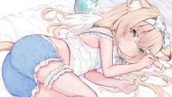Rule 34 | 1girl, angel wings, animal ear fluff, animal ears, bare shoulders, bed sheet, blonde hair, blue bow, blue shorts, blush, bow, bow hairband, cat ears, cat tail, eip (pepai), feathered wings, green eyes, hair bow, hair ornament, hairband, hairclip, indie virtual youtuber, looking at viewer, lying, mini wings, nekozaki aira, on bed, on side, polka dot, polka dot bow, shirt, shorts, sleeveless, sleeveless shirt, solo, tail, thigh strap, white hairband, white shirt, wings