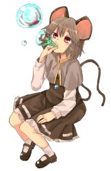 Rule 34 | 1girl, animal ears, capelet, full body, grey hair, highres, jewelry, long sleeves, looking up, mary janes, md5 mismatch, mouse ears, mouse tail, nazrin, necklace, red eyes, resized, shirt, shoes, short hair, simple background, sitting, skirt, skirt set, soap bubbles, socks, solo, tail, touhou, vest, white background, white socks, yunuki uta