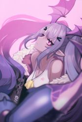 Rule 34 | 1girl, absurdres, arknights, bare shoulders, commentary, dog tags, fur trim, hair ornament, hairclip, head wings, highres, long hair, looking at viewer, manticore (arknights), off shoulder, pink background, pink eyes, psidubs, purple hair, simple background, solo, star (symbol), star print, tank top, twintails, upper body, white tank top, wings
