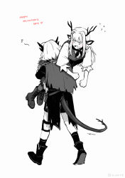 Rule 34 | 2girls, alina (arknights), animal ears, antlers, arknights, blush, boots, capelet, carrying, carrying person, deer antlers, deer ears, deer girl, dragon girl, dragon horns, dragon tail, eighth note, flying sweatdrops, full body, grey theme, happy valentine, highres, horns, knee boots, knee pads, long hair, long sleeves, monochrome, multiple girls, musical note, shirt, silverxp, simple background, spot color, sweatdrop, tail, talulah (arknights), valentine, vest, walking, white background, yuri