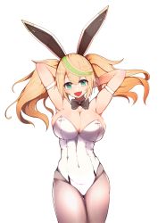 Rule 34 | 1girl, :d, animal ears, armpits, arms up, artist request, black bow, blonde hair, bow, bowtie, breasts, cleavage, covered navel, cowboy shot, detached collar, fishnet pantyhose, fishnets, gene (pso2), green eyes, green hair, head tilt, highres, large breasts, leotard, long hair, looking at viewer, multicolored hair, open mouth, pantyhose, phantasy star, phantasy star online 2, rabbit ears, simple background, smile, solo, streaked hair, twintails, two-tone hair, white background, white leotard