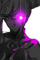 Rule 34 | 1girl, drill hair, evil grin, evil smile, glowing, glowing eye, grin, halterneck, halterneck, han juri, highres, kumo ni notte, monochrome, purple eyes, smile, solo, spot color, street fighter, street fighter iv (series), twin drills