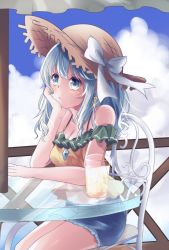 Rule 34 | 1girl, adapted costume, bare shoulders, blue sky, blush, bow, breasts, cleavage, closed mouth, cloud, cloudy sky, cup, cutoffs, day, denim, denim shorts, drinking glass, earrings, glass table, grey eyes, hat, hat bow, head rest, jewelry, komeiji koishi, medium breasts, navel, off-shoulder shirt, off shoulder, shirt, short shorts, shorts, silver hair, sitting, sky, solo, straw hat, swept bangs, table, touhou, white bow, yellow shirt, yuria (kittyluv)