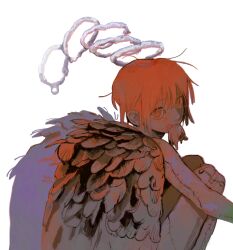 Rule 34 | 1other, androgynous, animal in mouth, artist name, blood, blood on face, dead animal, feathered wings, feathers, feet out of frame, folded wings, from behind, gauze on knee, halo, highres, looking at viewer, looking back, messy hair, mouse (animal), mouth hold, multiple halos, nude, orange eyes, orange hair, original, short hair, simple background, squatting, stitched arm, stitched leg, stitches, upturned eyes, white background, wings, yasutatsu (amazu)