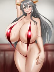 Rule 34 | 1girl, areola slip, breasts, cleavage, grey hair, haruna (kancolle), highres, huge breasts, kantai collection, long hair, slingshot swimsuit, smile, solo, sweat, swimsuit, tokuchukancoll