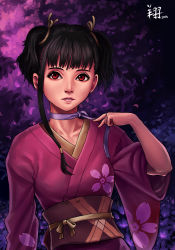 Rule 34 | 10s, 1girl, 2016, arm at side, black hair, blunt bangs, brown ribbon, choker, collarbone, completion time, expressionless, floral print, hair ribbon, highres, japanese clothes, kimono, koutetsujou no kabaneri, lips, long sleeves, looking at viewer, mumei (kabaneri), nail polish, obi, parted lips, purple ribbon, red eyes, red nails, ribbon, ribbon choker, ryu shou, sash, short hair with long locks, short twintails, signature, solo, twintails, upper body, wide sleeves