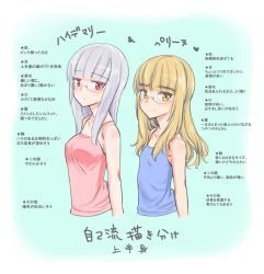 Rule 34 | 2girls, alternate costume, aohashi ame, blonde hair, blunt bangs, blush, character name, cropped arms, cropped torso, glasses, grey hair, heidimarie w. schnaufer, highres, long hair, looking at viewer, multiple girls, perrine h. clostermann, red eyes, semi-rimless eyewear, smile, strike witches, tank top, translation request, world witches series, yellow eyes