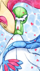 Rule 34 | 1girl, afloat, blue background, bob cut, closed eyes, colored skin, creatures (company), female focus, flat chest, from above, game freak, gardevoir, gen 3 pokemon, green hair, green skin, hair between eyes, heart, highres, lying, milotic, muguet, multicolored skin, nintendo, no mouth, on back, own hands together, petals, pokemon, pokemon (creature), ripples, short hair, sleeping, straight-on, two-tone skin, u u, water, white skin