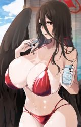 Rule 34 | 1girl, bikini, black hair, black nails, blue archive, breasts, cleavage, collarbone, commentary request, cowboy shot, emirio (emirio110), hair between eyes, halo, hasumi (blue archive), huge breasts, long hair, looking at viewer, low wings, mole, mole under eye, nail polish, outdoors, parted lips, red bikini, red eyes, sideboob, smile, solo, swimsuit, thighs, wings