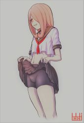 Rule 34 | 1girl, bad id, bad pixiv id, bike shorts, blush, breasts, brown hair, clothes lift, grey background, highres, ice keki, lifting own clothes, little witch academia, long hair, midriff, monochrome background, navel, neckerchief, parted lips, red eyes, red neckerchief, school uniform, sharp teeth, shorts, shorts under skirt, simple background, skirt, skirt lift, small breasts, smile, solo, sucy manbavaran, teeth
