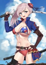 Rule 34 | 1girl, american flag bikini, american flag print, asymmetrical hair, belt, bikini, blue eyes, blue sky, blush, breasts, brown gloves, bun cover, c-da, cleavage, cloud, collarbone, commentary request, cowboy shot, elbow gloves, fate/grand order, fate (series), flag print, gloves, gunblade, hair bun, hair ornament, hair ribbon, halterneck, hand on own hip, highres, holding, large breasts, long hair, looking at viewer, miyamoto musashi (fate), miyamoto musashi (fate/grand order), miyamoto musashi (swimsuit berserker) (fate), miyamoto musashi (swimsuit berserker) (second ascension) (fate), navel, open mouth, outdoors, pink hair, ponytail, print bikini, ribbon, shrug (clothing), side bun, sideboob, single hair bun, single hair intake, single side bun, sky, smile, solo, string bikini, swept bangs, swimsuit, sword, thigh strap, underboob, weapon