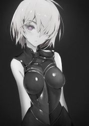 Rule 34 | 1girl, absurdres, armor, armored dress, arms behind back, bare shoulders, blush, breasts, breasts apart, closed mouth, dress, fate/grand order, fate (series), greyscale, hair over one eye, highres, hxxg, looking at viewer, mash kyrielight, medium breasts, monochrome, purple eyes, ribbed dress, ribbed shirt, serious, shirt, short hair, sleeveless, sleeveless dress, solo, spot color, turtleneck, upper body