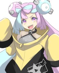 Rule 34 | 1girl, :d, bare shoulders, blue hair, bow-shaped hair, character hair ornament, creatures (company), eyelashes, game freak, hair ornament, iono (pokemon), jacket, long hair, long sleeves, looking at viewer, multicolored hair, nintendo, open mouth, pink eyes, pink hair, pokemon, pokemon sv, sharp teeth, sleeves past fingers, sleeves past wrists, smile, solo, teeth, two-tone hair, upper body, upper teeth only, very long hair, white background, yellow jacket, yuuki510510