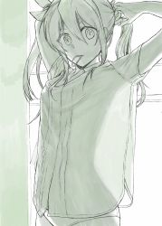 Rule 34 | 10s, 1girl, collared shirt, commentary, green theme, greyscale, hair between eyes, hair ribbon, hair tie, highres, kantai collection, long hair, looking at viewer, monochrome, panties, ribbon, see-through silhouette, shirt, short sleeves, solo, tone (kancolle), twintails, tying hair, underwear, upper body, window, yami (m31)