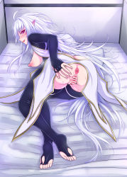 Rule 34 | 1girl, :d, anus, ass, bar censor, blush, bodysuit, breasts, censored, fate/prototype, fate (series), highres, long hair, looking at viewer, merlin (fate/prototype), merlin (fate/prototype) (second ascension), nipples, open mouth, pillow, pussy, smile, solo, spread pussy, sukumo (kemutai), sweat, very long hair, white hair