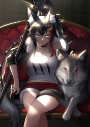 Rule 34 | 1girl, animal ear fluff, animal ears, arknights, bare shoulders, black choker, black hair, black jacket, breasts, choker, cleavage, collarbone, commentary request, cosplay, couch, feet out of frame, fur-trimmed jacket, fur-trimmed shorts, fur trim, hair between eyes, hair ornament, highres, hololive, jacket, long hair, long sleeves, looking at viewer, medium breasts, midriff peek, mouth hold, multicolored hair, off shoulder, ookami mio, red hair, red shorts, short shorts, shorts, siege (arknights), siege (arknights) (cosplay), sitting, streaked hair, tank top, thighs, virtual youtuber, weapon, white tank top, wolf, wolf ears, yamabuki7979, yellow eyes