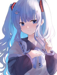 Rule 34 | 1girl, absurdres, black sailor collar, blue bow, blue eyes, blue hair, blush, bow, character hair ornament, closed mouth, commentary, eyebrows hidden by hair, frilled sailor collar, frills, hachune miku, hair ornament, hairclip, hands up, hatsune miku, highres, long hair, long sleeves, looking at viewer, poono, puffy long sleeves, puffy sleeves, sailor collar, shirt, simple background, smile, solo, spring onion, two side up, upper body, very long hair, vocaloid, white background, white shirt