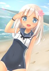 Rule 34 | 10s, 1girl, beach, blonde hair, blue eyes, blush, crop top, flower, footprints, hair flower, hair ornament, highres, kantai collection, navel, one-piece swimsuit, one-piece tan, open mouth, ro-500 (kancolle), salute, sand, senifu, shore, swimsuit, tan, tanline, water