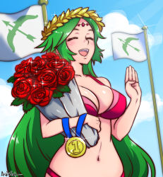 Rule 34 | 1girl, akairiot, artist name, bare arms, bare shoulders, bikini, blush, bouquet, breasts, circlet, cleavage, closed eyes, cloud, collarbone, female focus, flag, flagpole, flower, forehead jewel, green hair, happy, headpiece, highres, holding, jewelry, kid icarus, kid icarus uprising, large breasts, laurel crown, long hair, medal, navel, neck, nintendo, open mouth, palutena, parted bangs, pink bikini, red flower, red rose, rose, shiny skin, sky, smile, solo, sparkle, super smash bros., swept bangs, swimsuit, tiara, upper body, very long hair